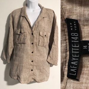 lafayette 148 tan/beige 3/4 length blouse 100% linen size 14.